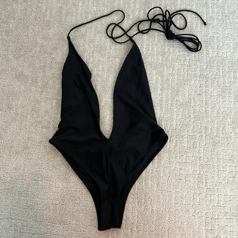 White Fox “Daydream Island” black shiny wrap sexy one piece swimsuit swimwear